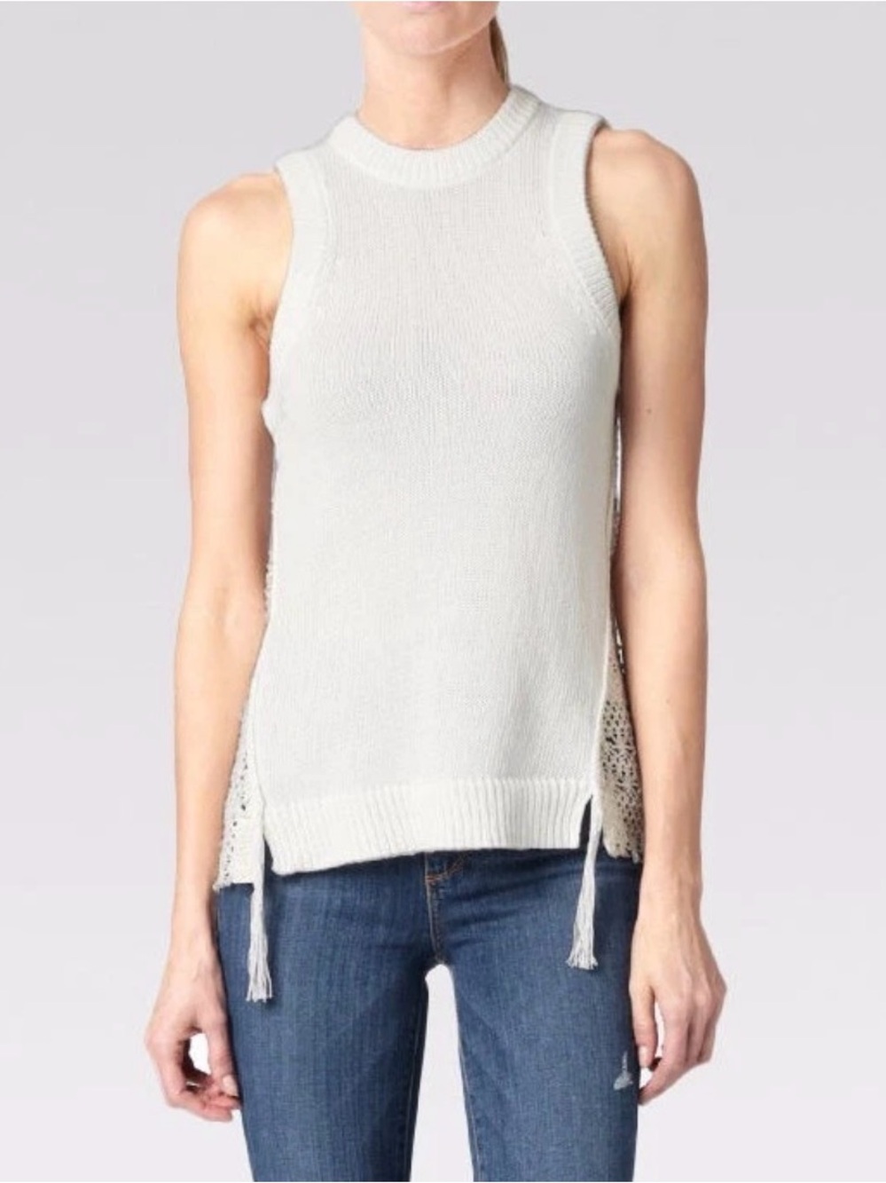 PAIGE Cream Sleeveless Knit Tank with Side Tassels